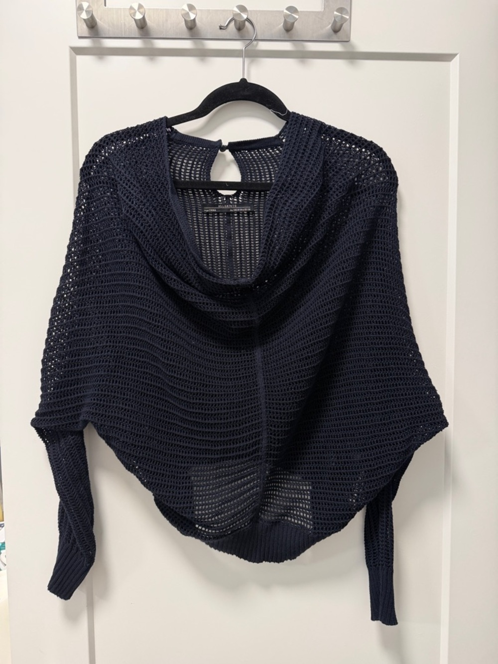AllSaints Navy Open-Knit Draped Poncho Sweater